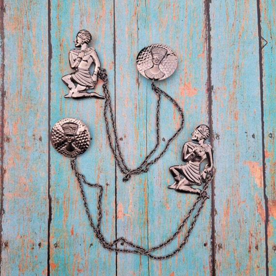 Vintage Egyptian Gunmetal Silver Tone Egyptian Collar Pins, Sweater Brooches, Sweater Clips, Collar Clips with Chains