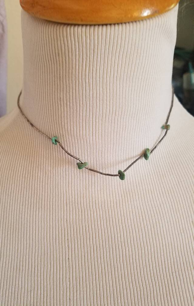 Vintage Native American Old Pawn Sterling Silver and Turqouise Dainty Liquid Silver Choker Necklace.