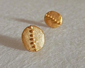 Gold disk stud earrings, minimalist dotted circle earrings. Gold plated sterling silver jewelry, gift for her.