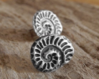 Silver Ammonite Stud Earrings, Nature Inspired Shell Studs, Fossil earrings, Handmade Studs, Nautilus earrings, Sterling Silver, mom gift