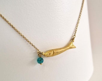 Small fish necklace with blue Amazonite bead, Gold fish necklace in sterling silver gold plated. Sea theme Jewellery