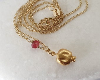 Gold pomegranate pendant with dark red jade. Good luck charm necklace. Delicate layering jewellery