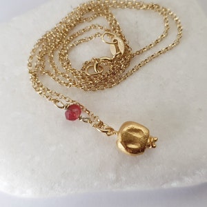 Gold pomegranate pendant with dark red jade. Good luck charm necklace. Delicate layering jewellery image 1