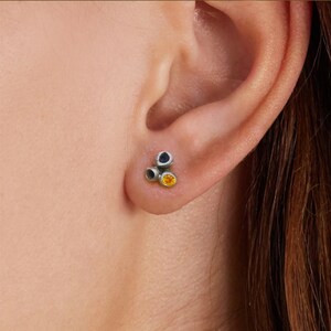 Organic form studs in oxidized silver with orange cubic zirconia. Gift for her image 1