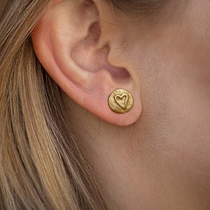 Carved heart earrings, Gold heart studs in sterling silver gold plated. Perfect Valentine's gift. image 1