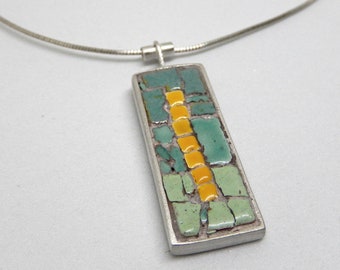 Mint Green - yellow mosaic pendant. Handmade micro mosaic jewelry in sterling silver pendant with ceramic tiles. Minimal, geometric necklace