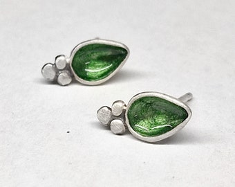 Green Enamel Drop Studs, Contemporary Handmade Sterling Silver Boho Enamel Earrings