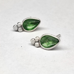Green Enamel Drop Studs, Contemporary Handmade Sterling Silver Boho Enamel Earrings