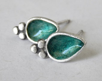 Handmade Sterling Silver Green Enamel Teardrop Stud Earrings