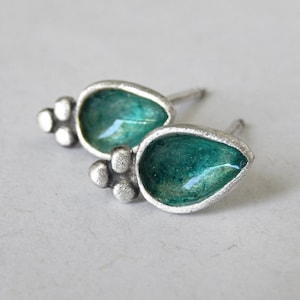 Tear Drop Studs, Green Turquoise Enamel Earrings, Handmade Sterling Silver Jewelry, Enamel drop earrings, Minimalist Hipster Boho Earrings