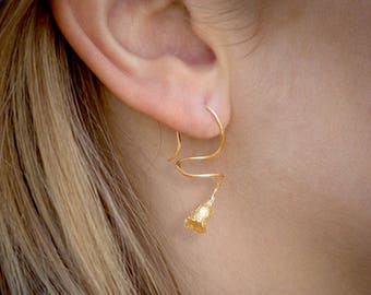 Gold Flower Dangle Earrings: Handmade Sterling Silver, Botanical Jewelry
