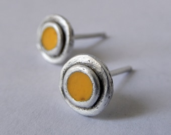 Silver Yellow Enamel Stud Earrings, Contemporary Geometric Design