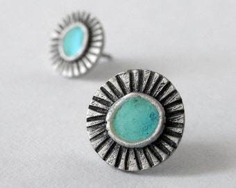 Turquoise Enamel Sun Stud Earrings, Sterling Silver Posts