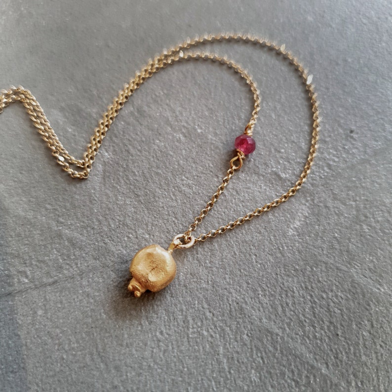 Gold pomegranate pendant with dark red jade. Good luck charm necklace. Delicate layering jewellery image 6