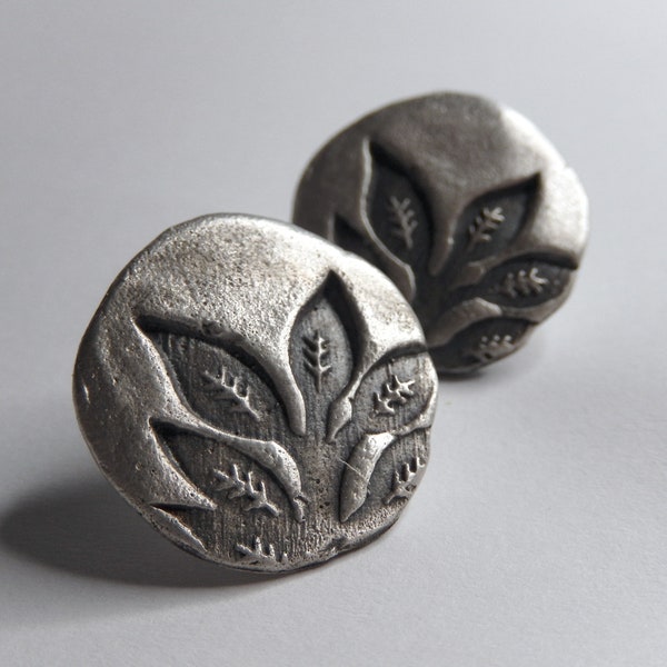 Big silver disc statement studs, Branch imprint post earrings, Nature-inspired jewelry, Gift for women, Silver statement button earrings