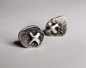 Small cross oxidized silver posts, mismatched stud earrings for man and woman, unisex earrings, gift for him or her