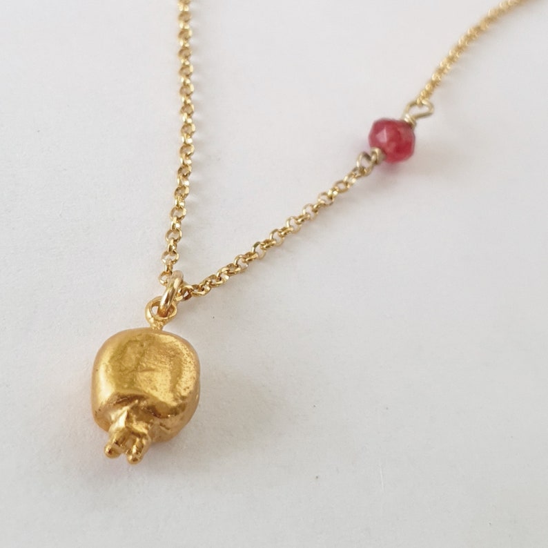 Gold pomegranate pendant with dark red jade. Good luck charm necklace. Delicate layering jewellery image 9