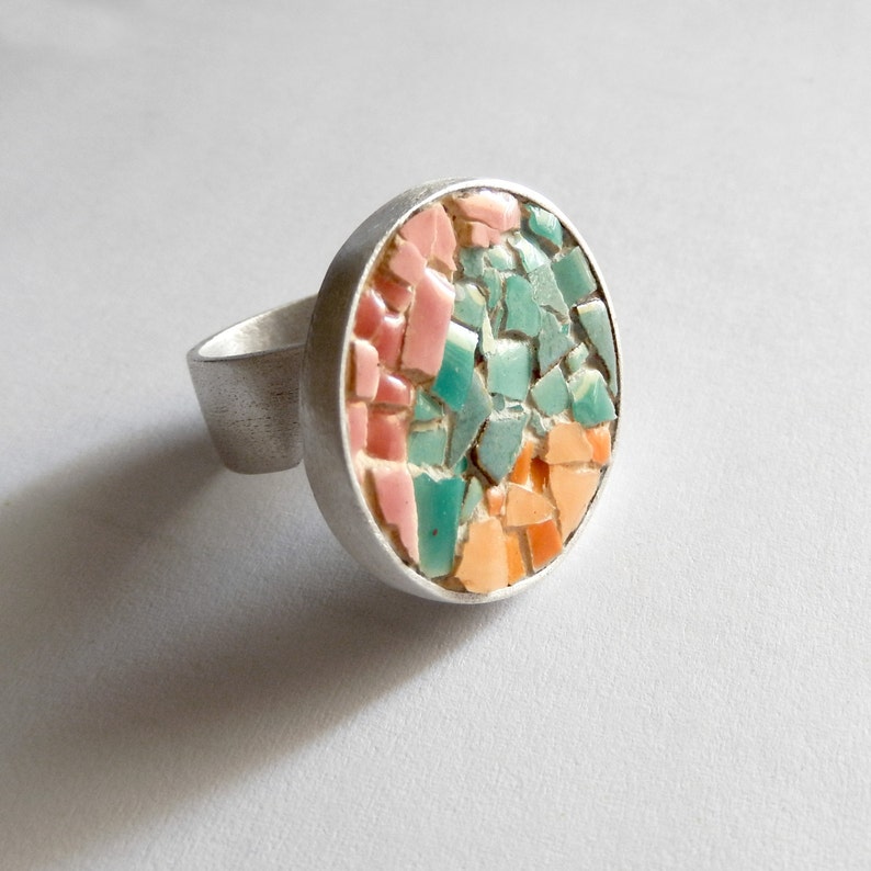 Sterling silver micro mosaic ring with mosaic ceramics tiles Etsy