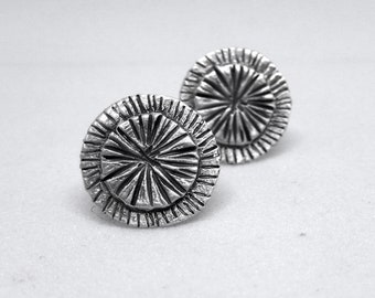 Tiny Silver Flower Stud Earrings – Oxidized Rosette Design – Minimal Everyday Jewelry – Handmade Sterling Silver