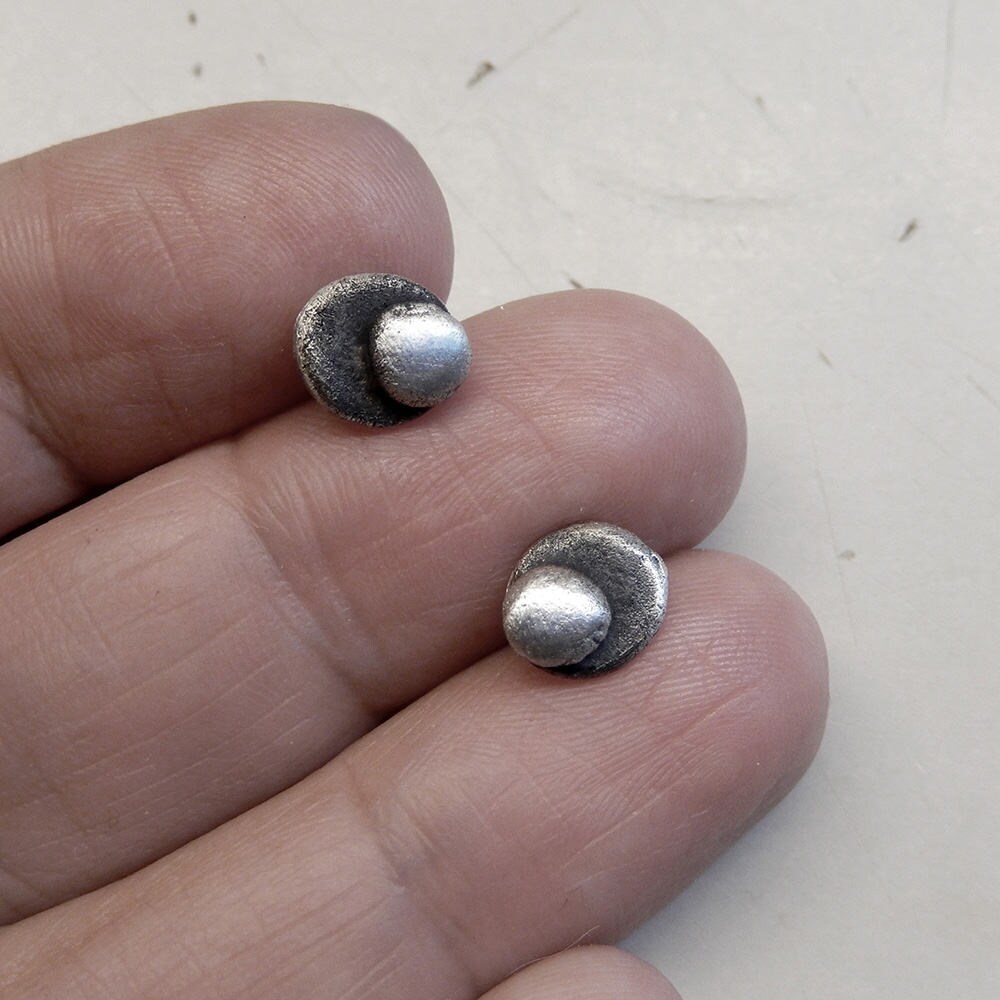 Silver Bubble Post Earrings, Minimal Dot Ear Studs, Oxidized