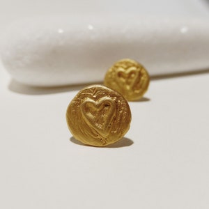 Carved heart earrings, Gold heart studs in sterling silver gold plated. Perfect Valentine's gift. image 5