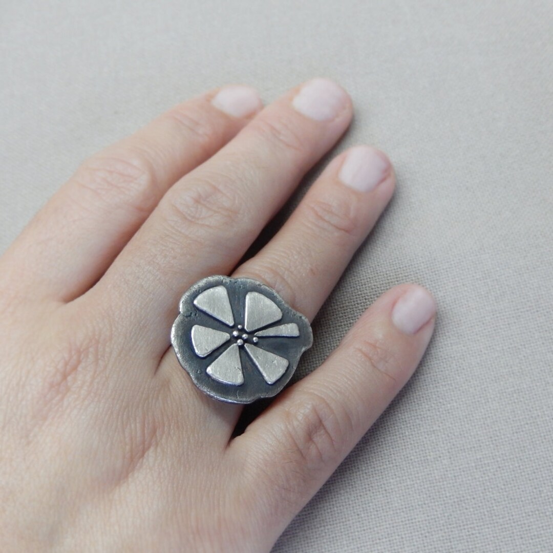 Big Flower Statement Ring, Adjustable Ring in Oxidized Silver, Rings for Women, Gift for Her Etsy