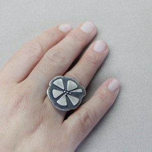 Big Flower Statement Ring, Adjustable ring in Oxidized Silver, rings for women, gift for her image 1