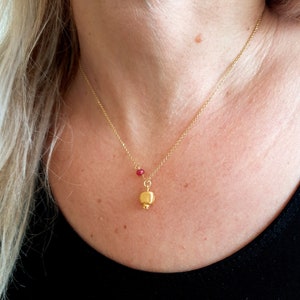 Gold pomegranate pendant with dark red jade. Good luck charm necklace. Delicate layering jewellery image 2