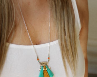 Tassels Boho Necklace, 925, Sterling Silver, Boho Long Necklace, Geometric Motif Chain Pendant, Teal, Ochre Cotton Tassels, Gemstone Beads