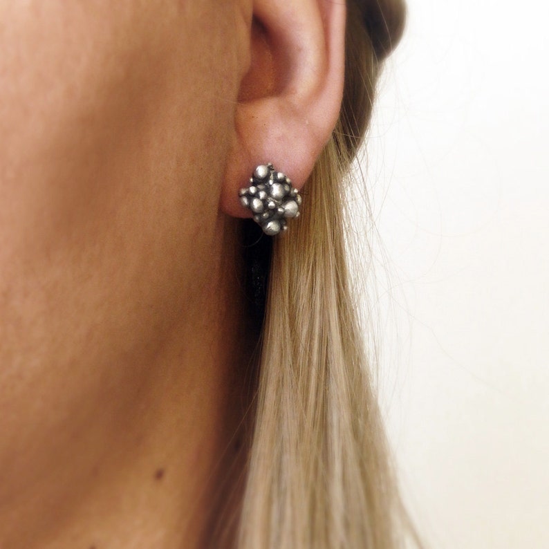 gift for mom Dots earrings Granulation jewelry Bubble Post Earrings Dark Minimal studs 925 Sterling Silver jewellery Oxidized Silver