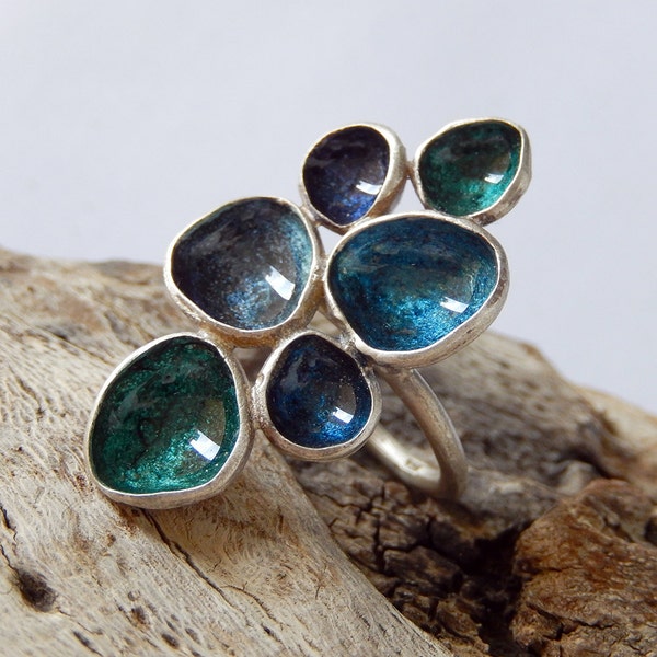 Blue Shades Enamel and Resin Ring, Sterling Silver Jewelry, Enamel Silver Ring, Handmade Jewellery, Rings for women, gift for mother