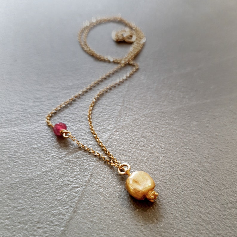Gold pomegranate pendant with dark red jade. Good luck charm necklace. Delicate layering jewellery image 4