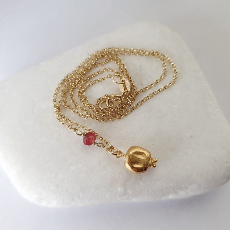 Gold pomegranate pendant with dark red jade. Good luck charm necklace. Delicate layering jewellery image 1