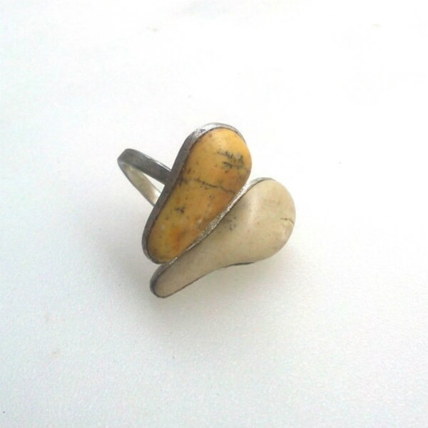 Heart Shape Sea stone Sterling silver Handmade Ring - Buff color, Cream and Beige - Adjustable. Summer Trends