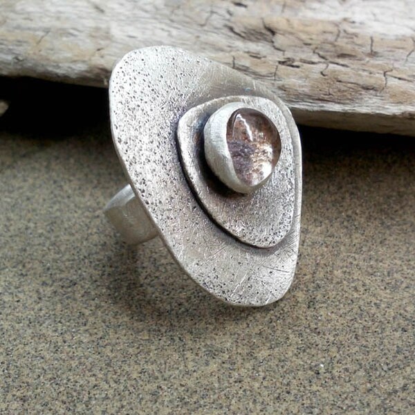 Sterling silver ring with semi precious stone fan shaped, quartz with inclusions of chlorites. Ready to ship