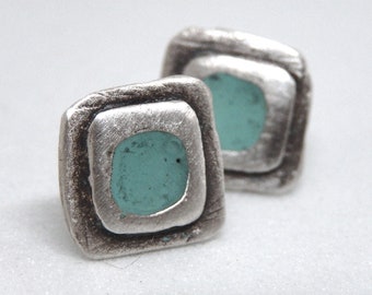 Small Square Sterling Silver Earrings, Turquoise Enamel Geometric Studs. Unisex