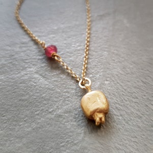 Gold pomegranate pendant with dark red jade. Good luck charm necklace. Delicate layering jewellery image 8