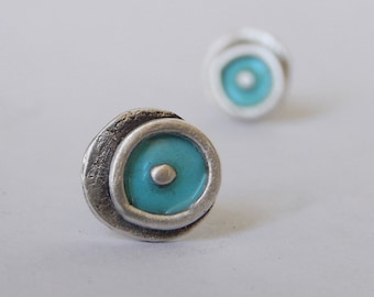 Sterling Silver Evil Eye Studs: Turquoise Enamel Earrings