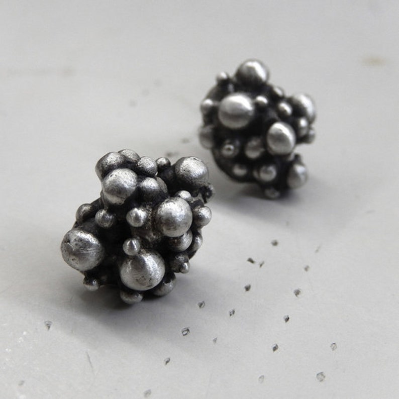 gift for mom Dots earrings Granulation jewelry Bubble Post Earrings Dark Minimal studs 925 Sterling Silver jewellery Oxidized Silver