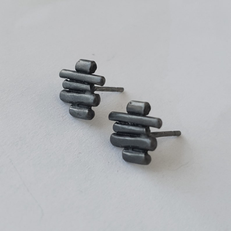 Oxidized silver stud earrings for men and woman. Contemporary unisex earrings, Blackened silver studs, gift for him image 3
