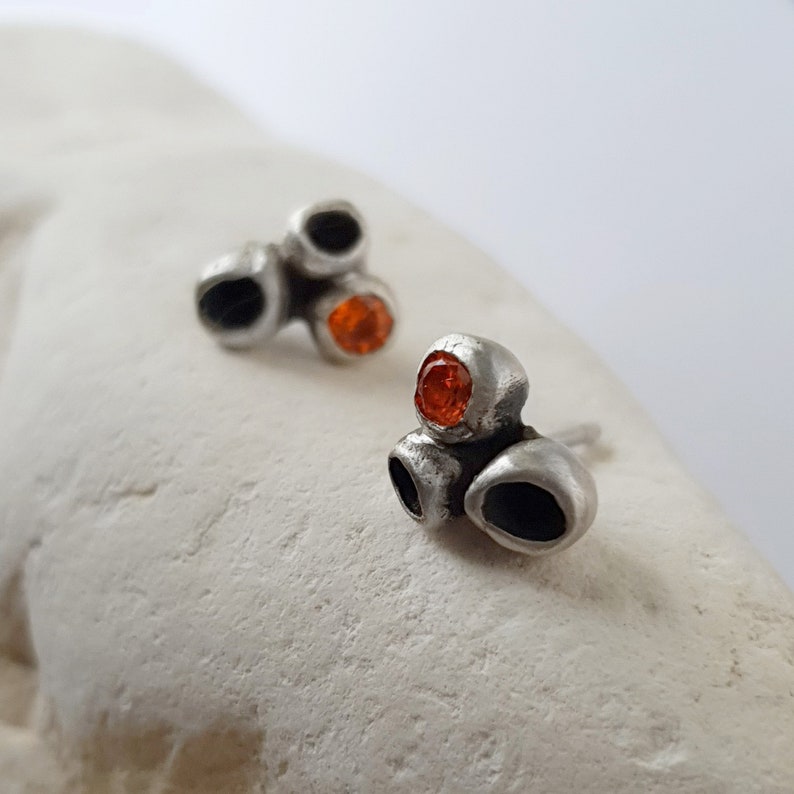 Organic form studs in oxidized silver with orange cubic zirconia. Gift for her image 10