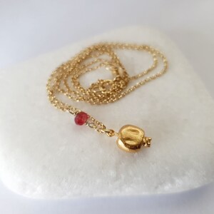 Gold pomegranate pendant with dark red jade. Good luck charm necklace. Delicate layering jewellery image 5