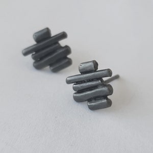 Oxidized silver stud earrings for men and woman. Contemporary unisex earrings, Blackened silver studs, gift for him image 2