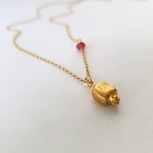 Gold pomegranate pendant with dark red jade. Good luck charm necklace. Delicate layering jewellery image 3