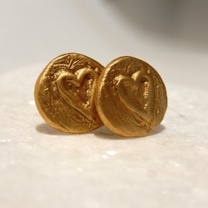 Carved heart earrings, Gold heart studs in sterling silver gold plated. Perfect Valentine's gift. image 4