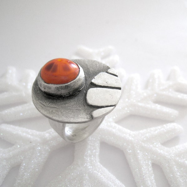 Orange sunburst chunky ring- Sterling silver statement ring - glass cabochon ring.
