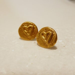 Carved heart earrings, Gold heart studs in sterling silver gold plated. Perfect Valentine's gift. image 8