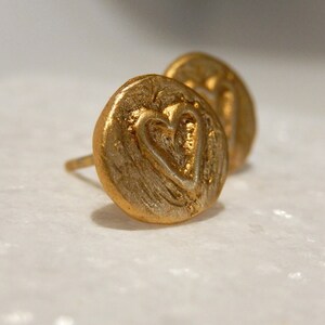 Carved heart earrings, Gold heart studs in sterling silver gold plated. Perfect Valentine's gift. image 7