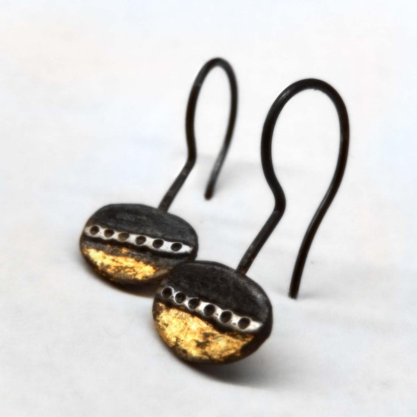 Black oval Keum boo earrings. Blackened sterling silver and gold earrings. Small dark silver earrings perfect Valentine's gift for her.