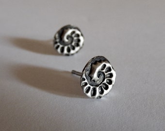 Handmade Sterling Silver Ammonite Stud Earrings: Fossil Shell Jewelry